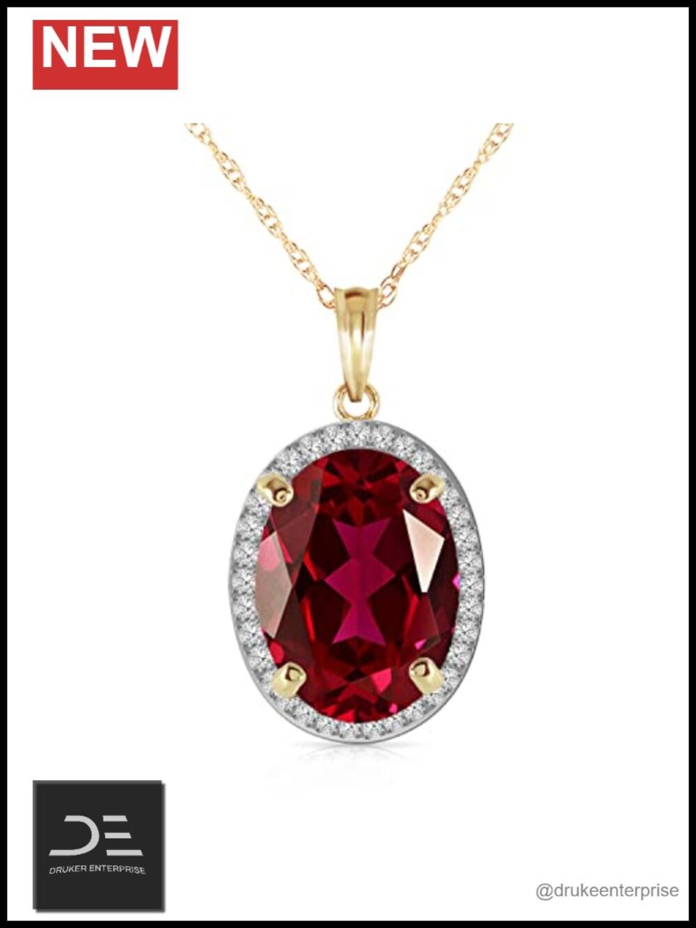 14K Solid Yellow Gold Oval Lab Grown Ruby & Diamond Pendant Necklace 24"